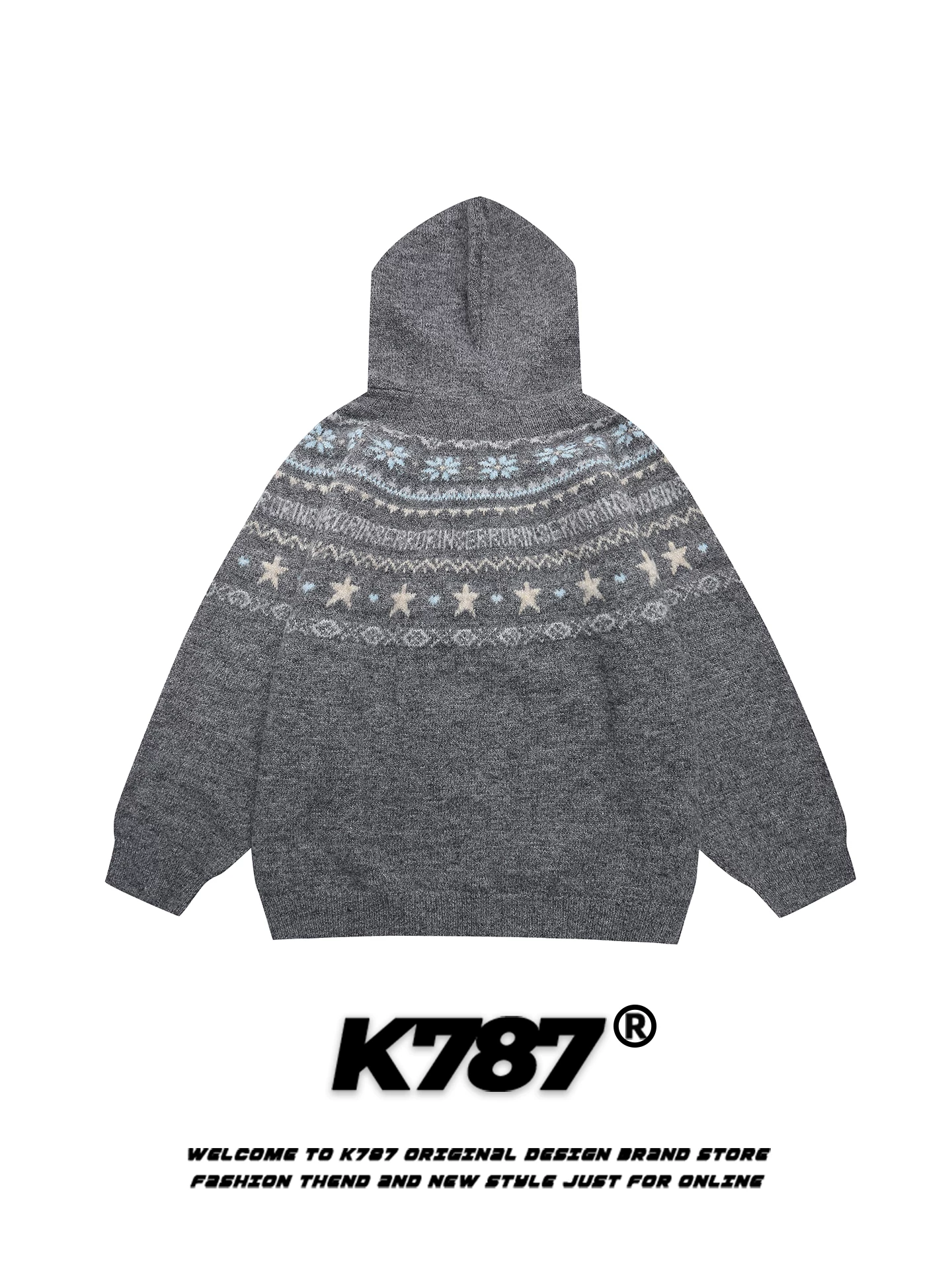 Áo len cardigan có mũ trùm đầu kiểu Mỹ cổ điển K787, họa tiết Fair Isle dệt jacquard, dành cho nam và nữ, kiểu dáng rộng rãi, thoải mái, thích hợp đi làm.
