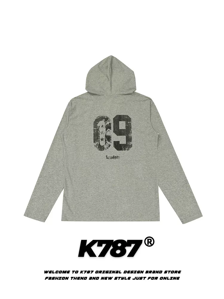 K787 Phong cách retro Mỹ đau khổ chữ cổ chữ V dài tay áo unisex thể thao mỏng có mũ trùm đầu chống nắng áo sơ mi mùa hè