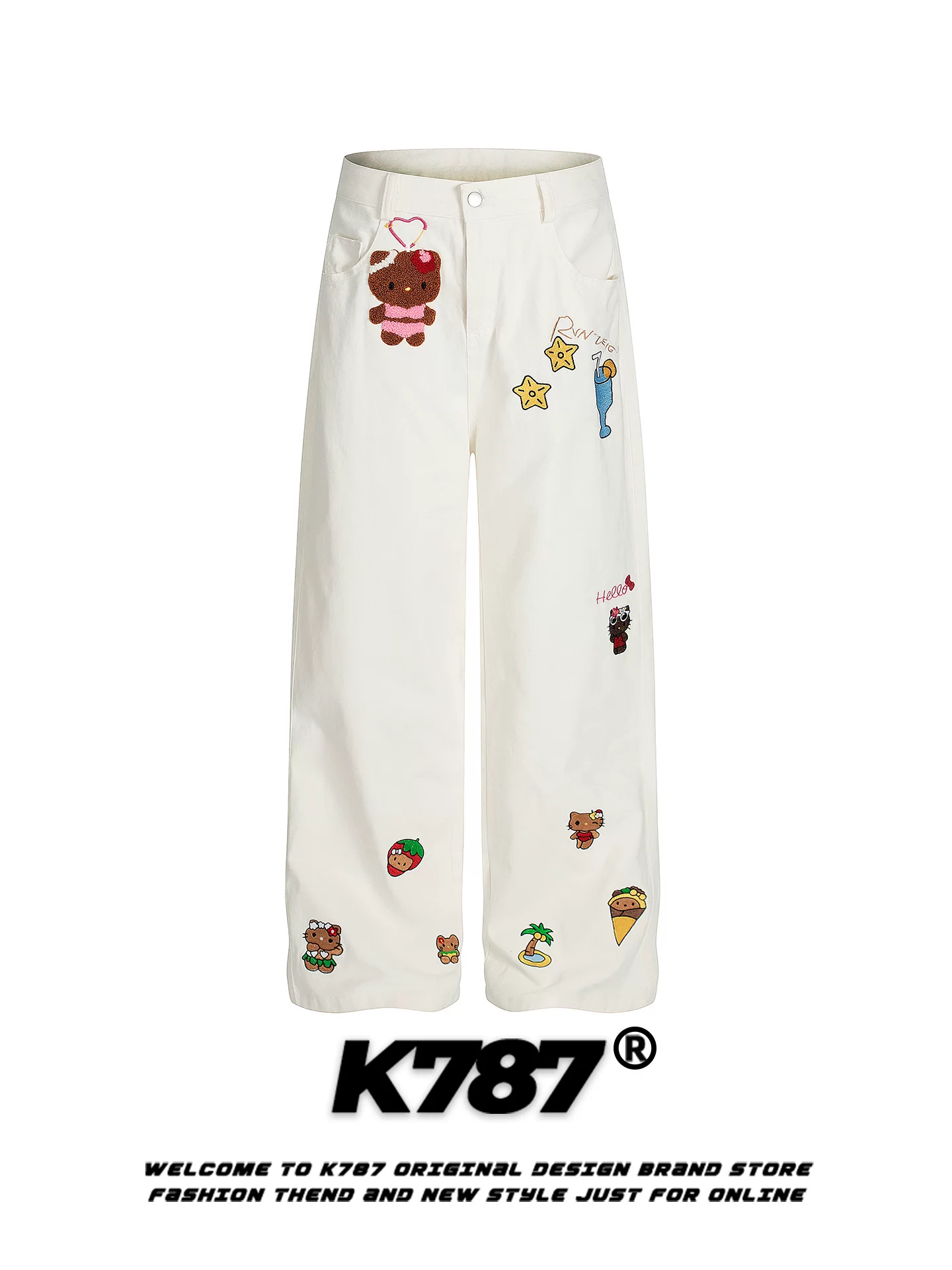 Quần jeans thêu hình mèo Kitty hoạt hình cổ điển Mỹ K787, unisex, phong cách đường phố, cạp cao, đa năng, dáng thẳng