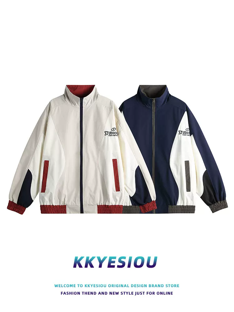 Áo khoác cổ đứng phong cách retro Mỹ của KKyesiou dành cho nam và nữ, áo khoác cặp đôi phong cách thể thao năng động, phong cách trường học