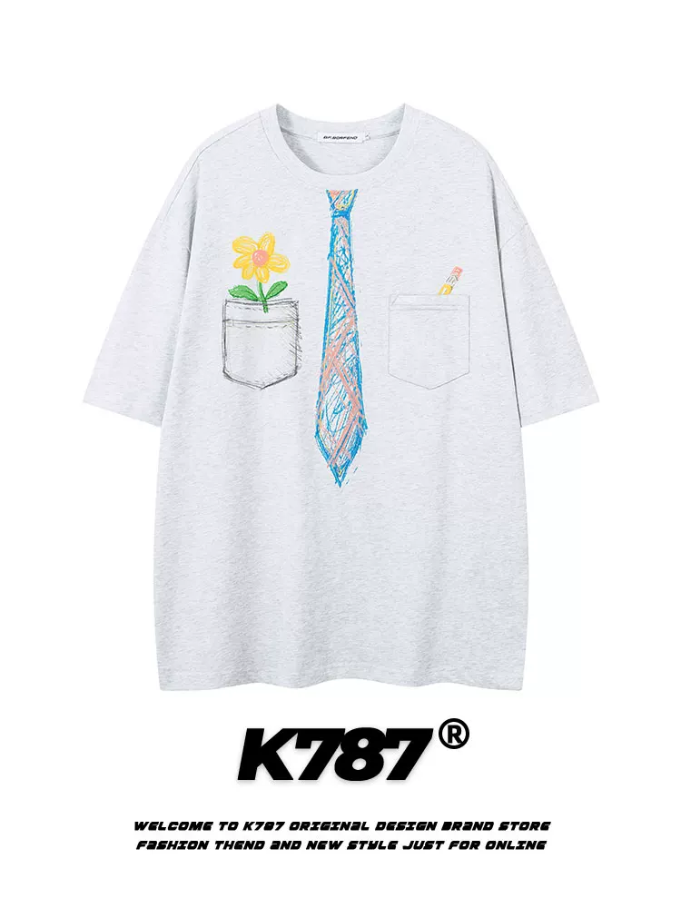 K787 Áo thun ngắn tay in hình cà vạt giả cổ điển kiểu Mỹ dành cho nam và nữ, áo cặp đôi đa năng phong cách đại học