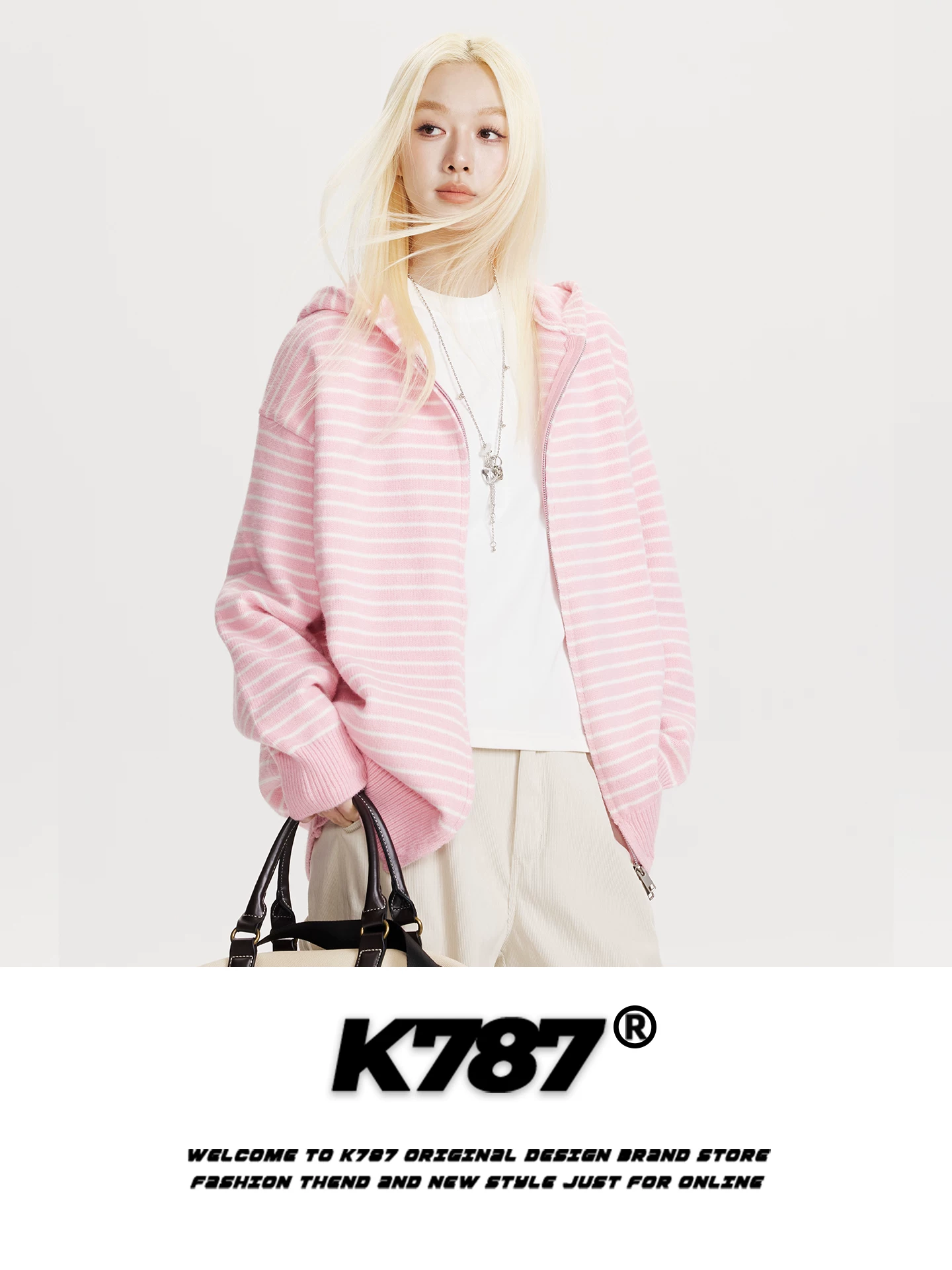 Áo khoác cardigan len dệt kim màu hồng, kiểu dáng rộng rãi, phong cách lười biếng, unisex, có mũ trùm đầu, phối màu sọc, kiểu Mỹ, mã K787