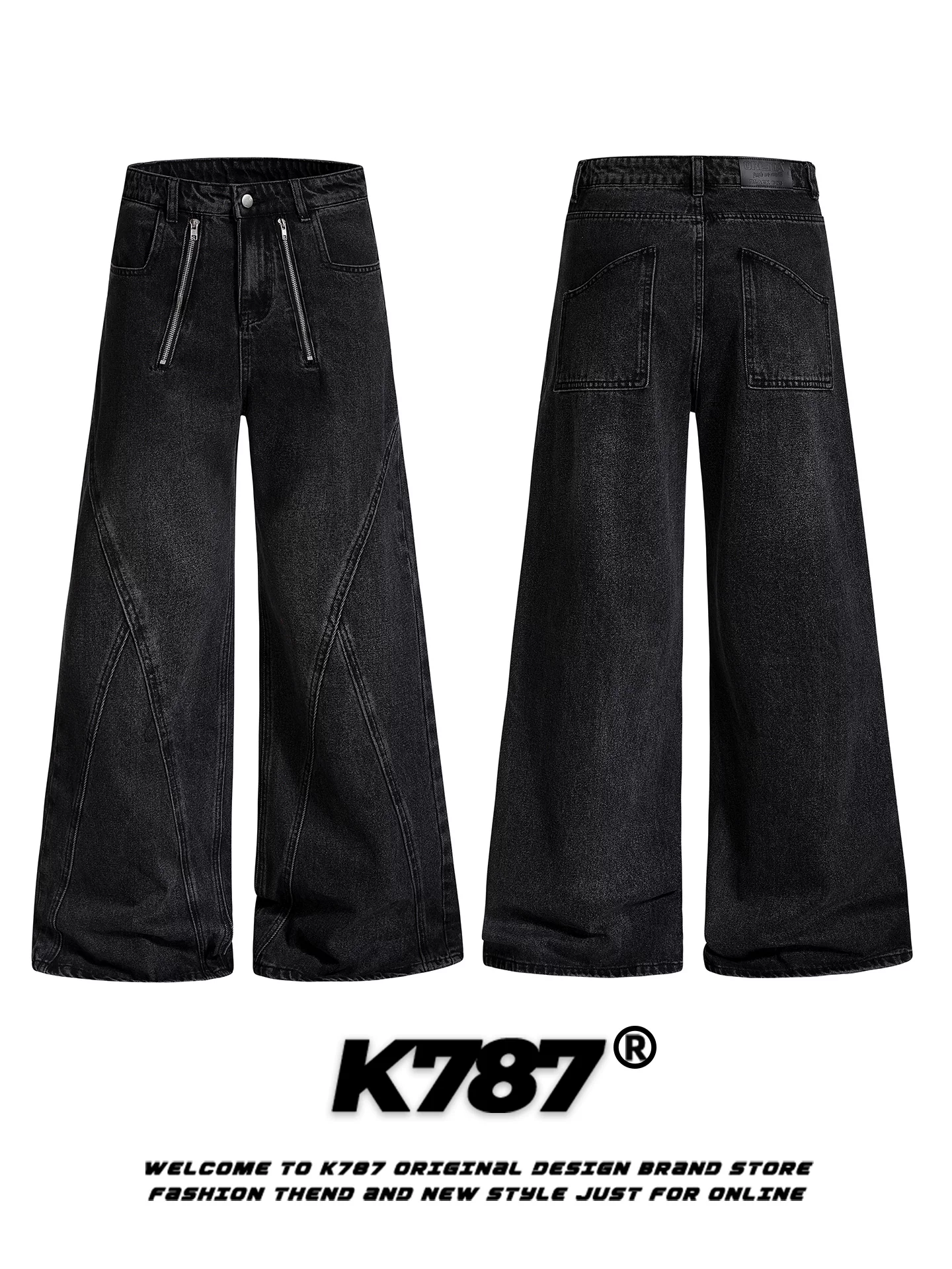 Quần jeans kiểu đường phố Mỹ K787, thiết kế ghép mảnh phá cách, trang trí khóa kéo, dành cho nam và nữ, dáng rộng, cạp cao, ống thẳng, phong cách thường ngày.