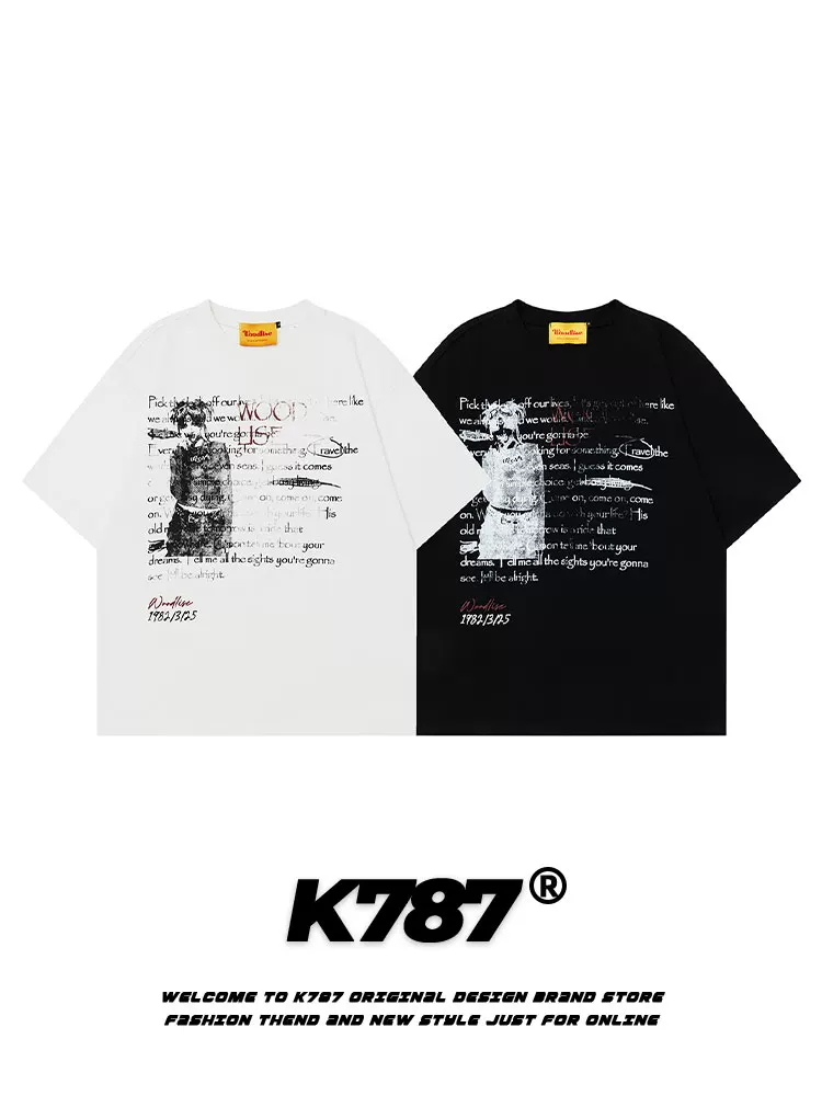 K787 Áo thun ngắn tay in hình đầu chó vui nhộn theo phong cách retro của Mỹ dành cho nam và nữ hip-hop cổ điển cotton nguyên chất áo đôi