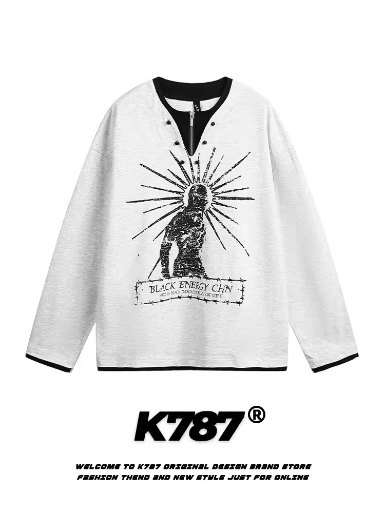 K787 Áo thun giả hai mảnh phong cách retro Mỹ in họa tiết trừu tượng, kiểu dáng unisex, phong cách hip-hop, áo thun dài tay phong cách đại học