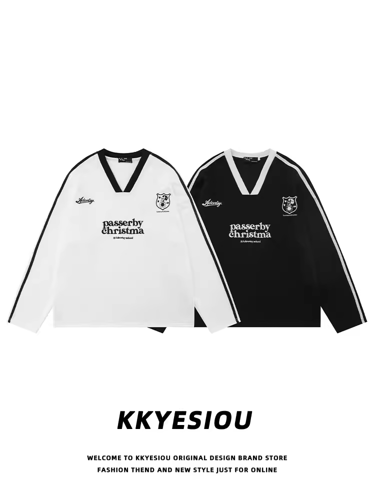 Áo thun thể thao cổ chữ V thêu thương hiệu KKyesiou theo phong cách retro Mỹ dành cho nam và nữ áo oversize đường phố cao cấp dành cho cặp đôi