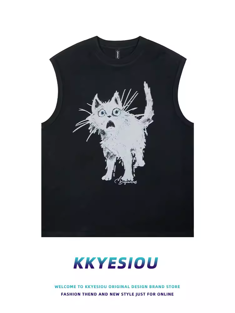 Áo thun thể thao oversize unisex phong cách đường phố, áo vest mèo thời trang retro Mỹ của thương hiệu KKyesiou