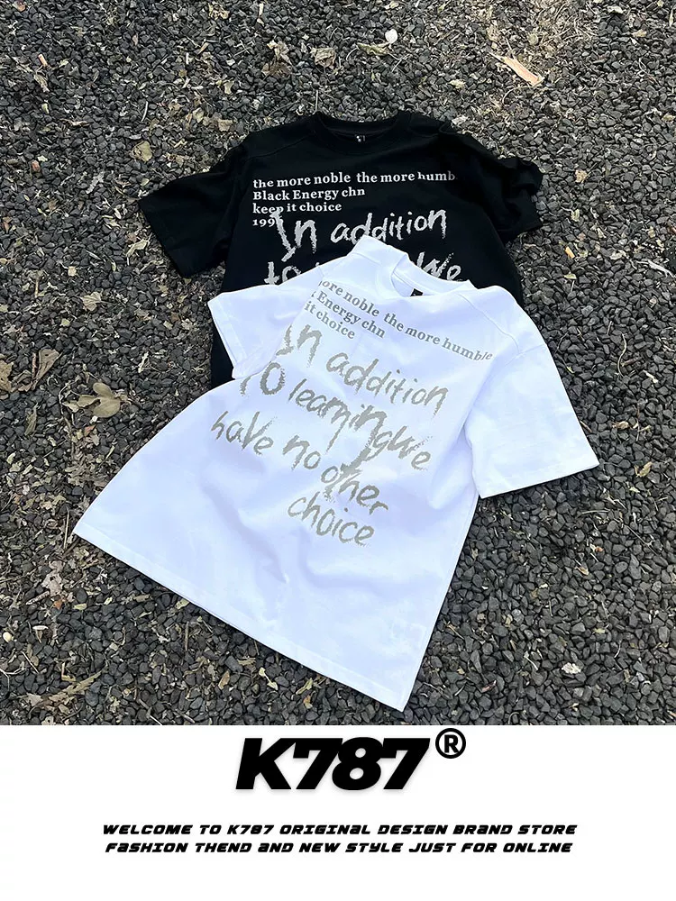 K787 Áo thun ngắn tay phong cách retro Mỹ graffiti unisex cleanfit giản dị theo xu hướng quốc gia áo thun ngắn tay đa năng