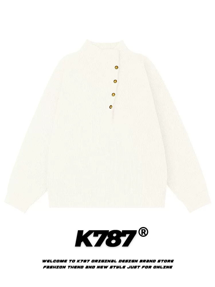 Áo len dệt kim cổ chéo phong cách retro Mỹ K787 dành cho nam và nữ, áo len cặp màu xám cổ điển, phong cách lười biếng