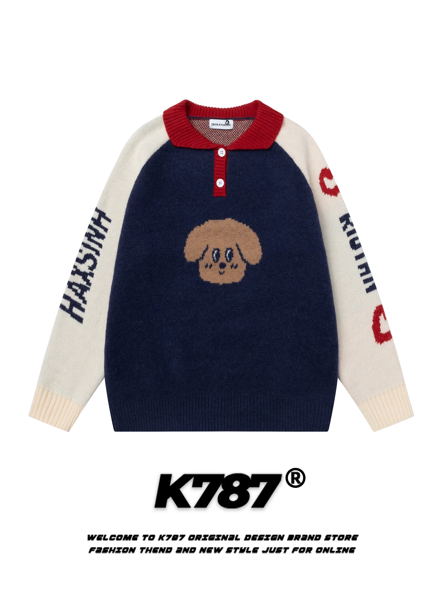 Áo len cổ polo họa tiết hoạt hình chó con kiểu Mỹ cổ điển K787 dành cho nam và nữ, áo len chui đầu phối màu rộng rãi, phong cách thường ngày, dành cho cặp đôi