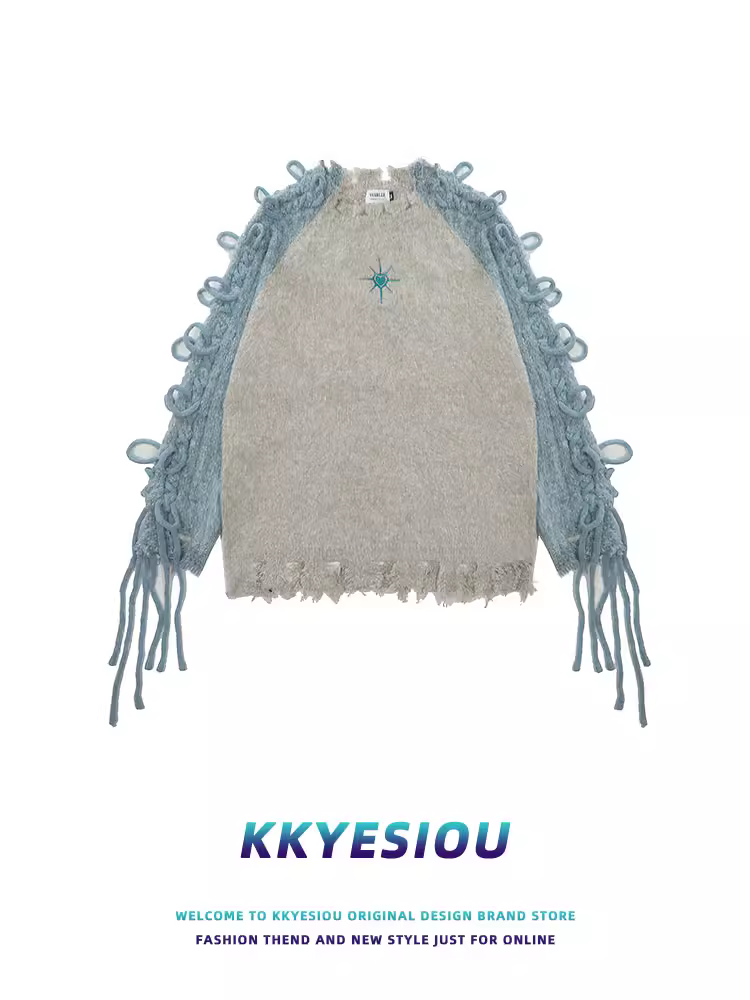 Áo len nữ thiết kế độc đáo KKyesiou, tay raglan, chất liệu dệt kim, phối ren Pháp, tua rua, kiểu dáng xù xì.