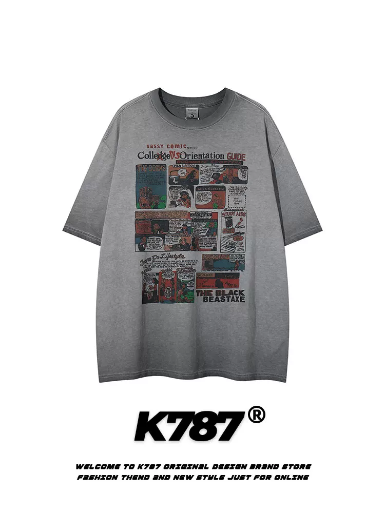K787 Áo thun ngắn tay phong cách retro vui nhộn của Mỹ dành cho nam và nữ áo thun dáng rộng dáng rộng dành cho cặp đôi