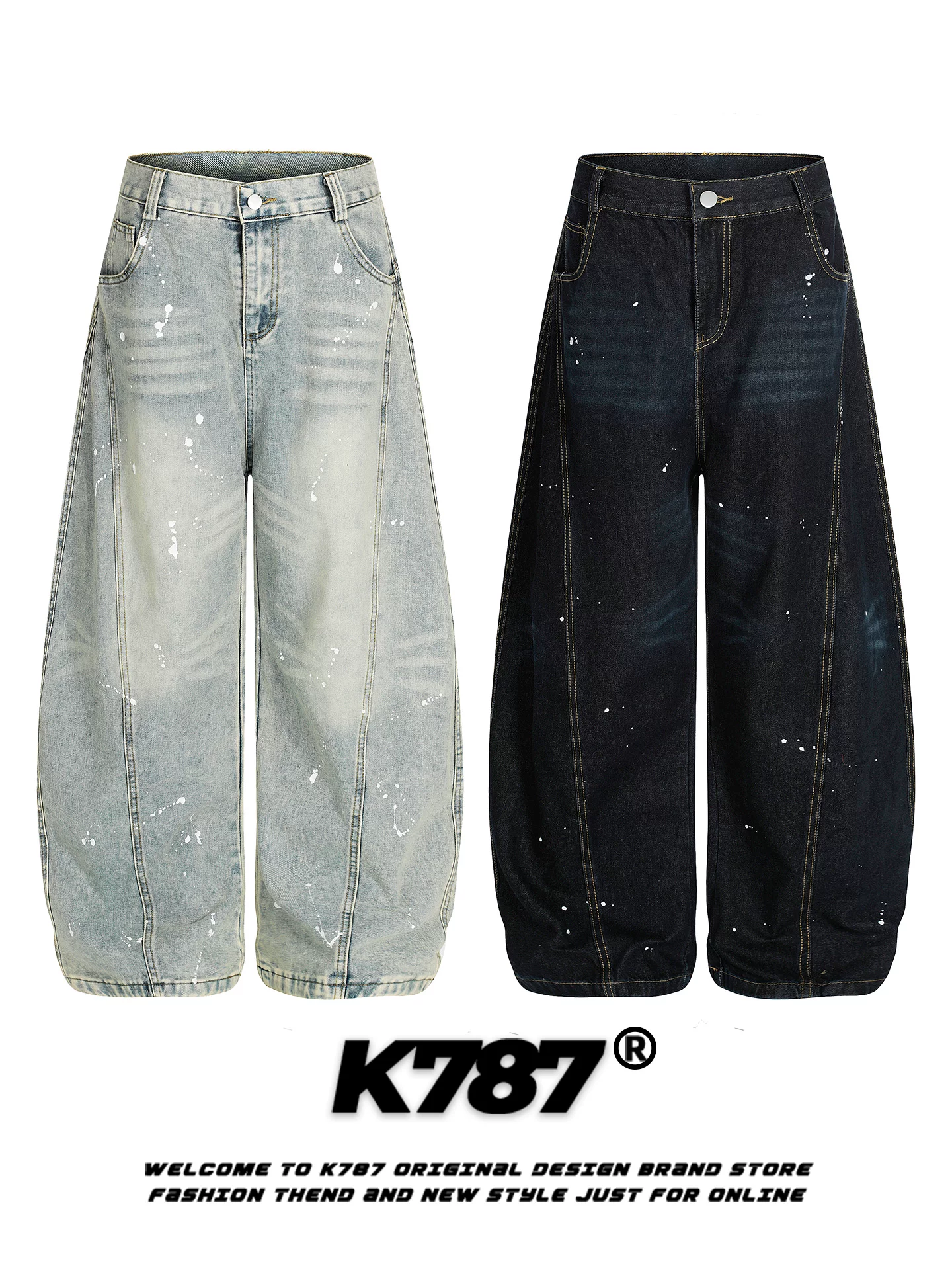 Quần jeans unisex kiểu dáng street fashion, chất liệu denim xước, phong cách retro Mỹ, cạp cao, ống rộng, mã K787
