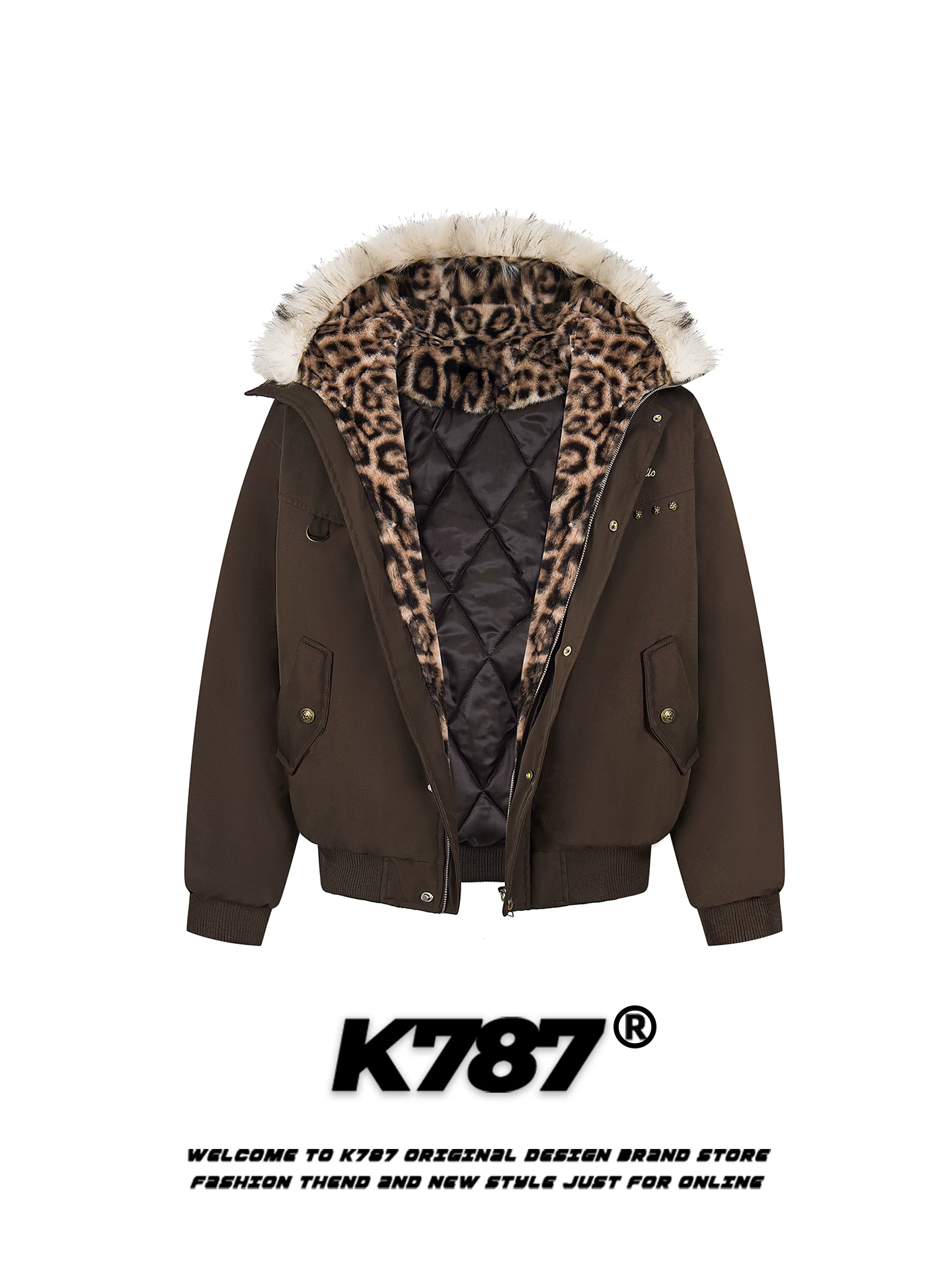K787 Áo khoác cotton có mũ trùm đầu cổ lông phong cách retro Mỹ dành cho nam và nữ, áo khoác cotton dày dặn ấm áp in họa tiết da báo hợp thời trang dành cho mùa đông.
