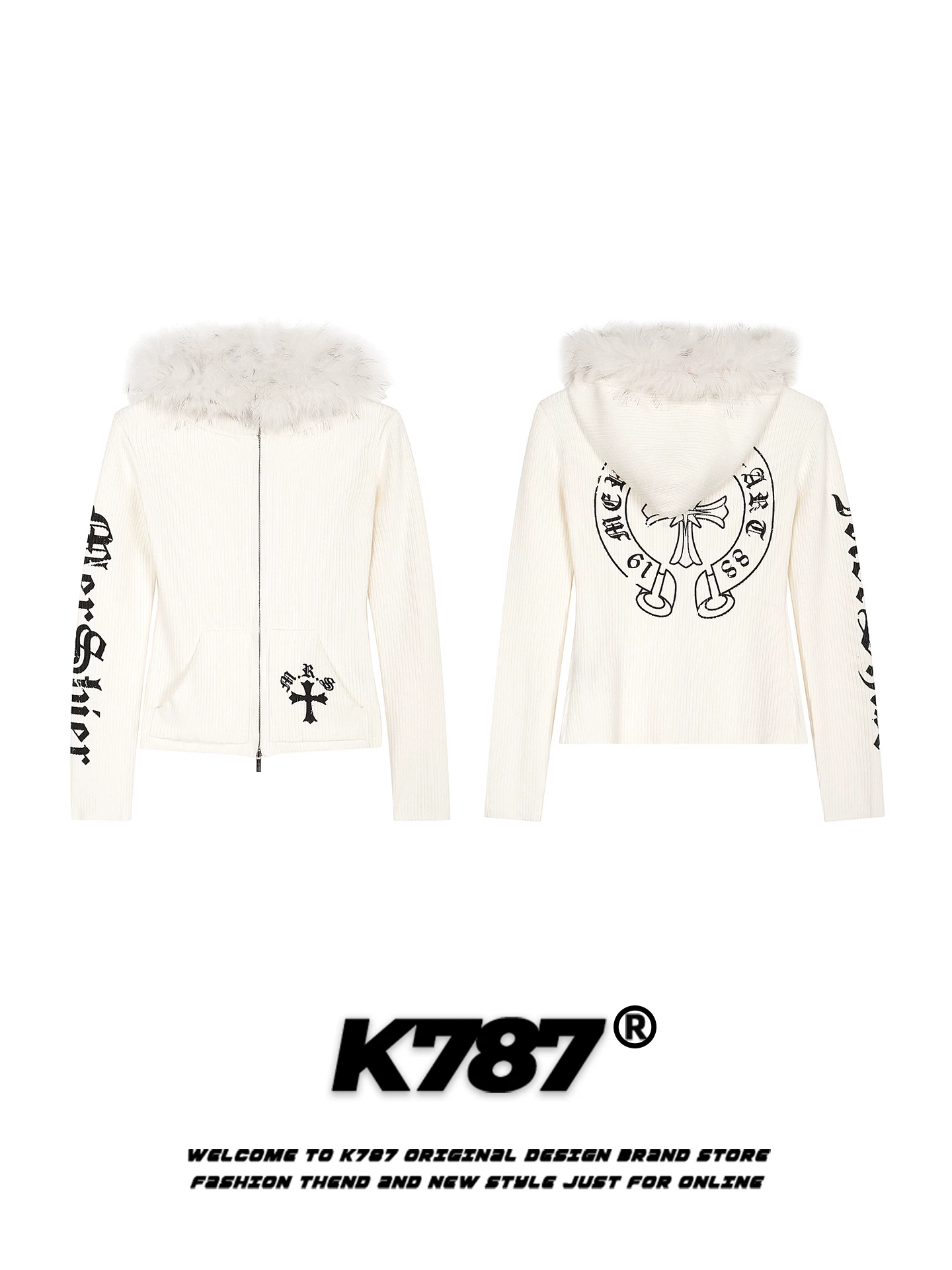 Áo khoác cardigan len ngắn kiểu Mỹ K787, phong cách gothic, cổ lông, có mũ, dành cho nữ, tôn dáng, giữ ấm mùa thu đông