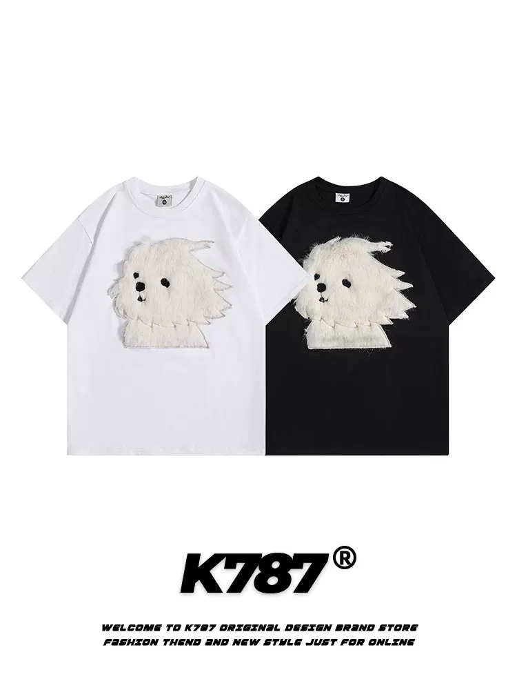K787 Fun Dog Flocking Áo thun thêu tay ngắn Unisex American Retro College Style 2025 Mùa hè cặp đôi hàng đầu