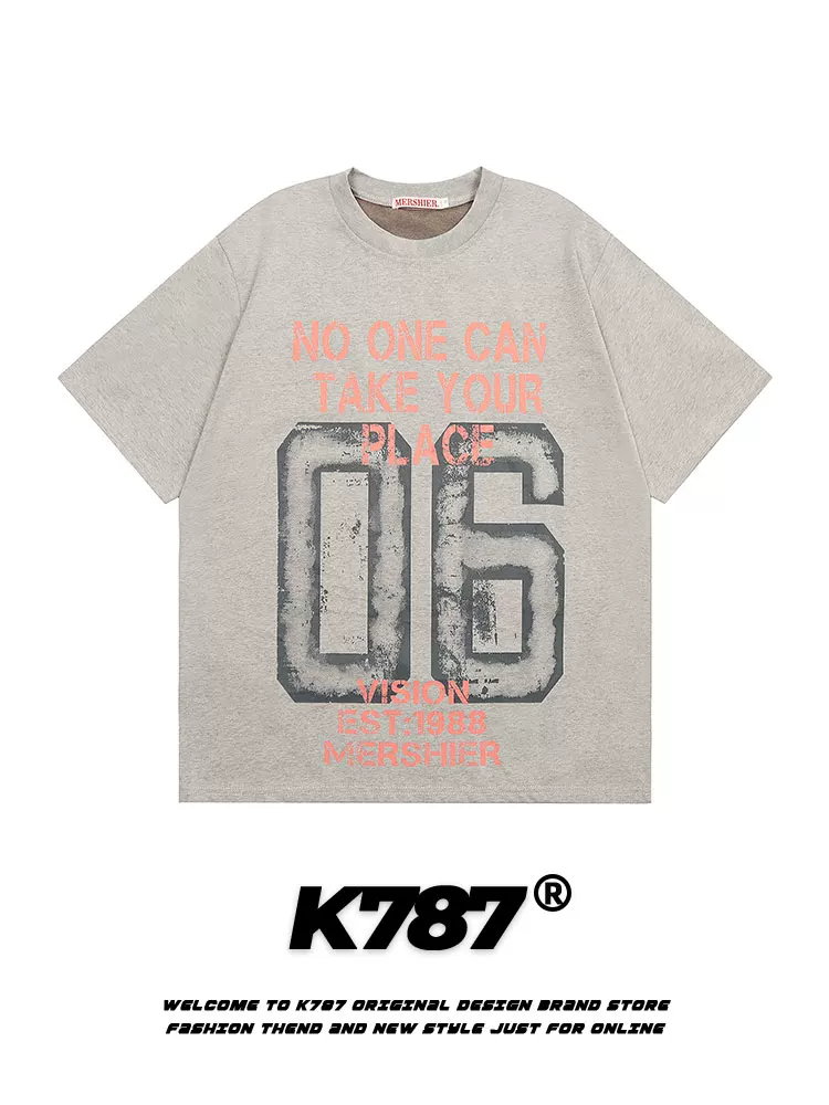 K787 Áo thun ngắn tay in chữ phong cách retro Mỹ dành cho nam và nữ, áo chui đầu, dáng rộng, đa năng, áo cặp thể thao.