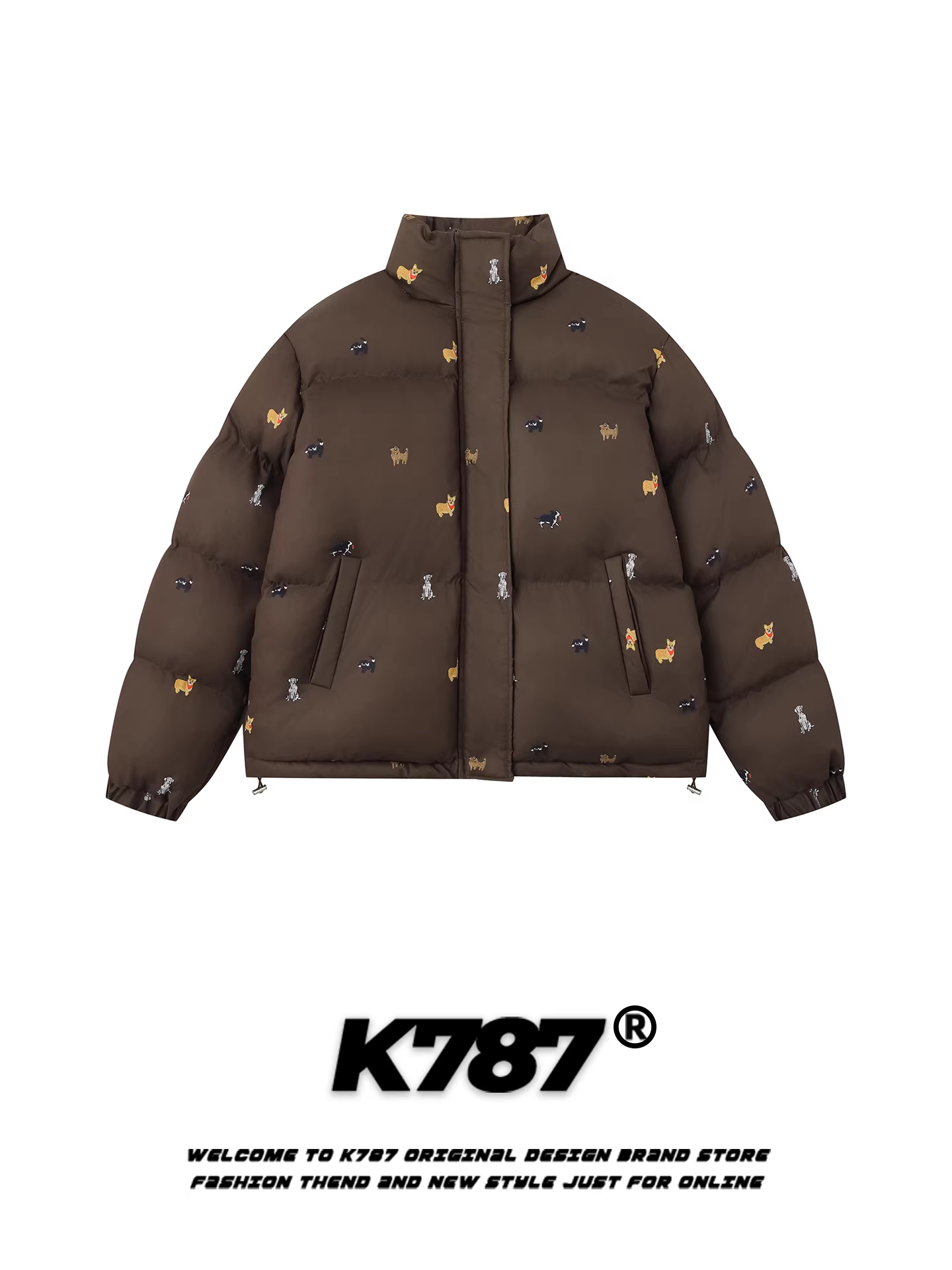 Áo khoác cotton cổ đứng in họa tiết chó cổ điển Mỹ K787 dành cho nam và nữ, áo khoác cotton dày giữ ấm mùa đông phong cách đường phố.