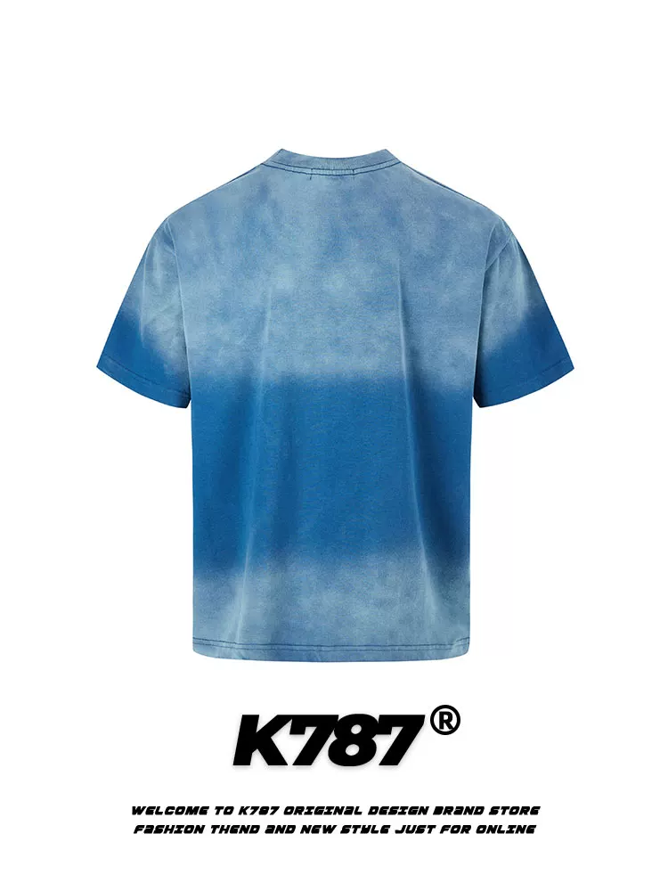 K787 Áo thun ngắn tay phong cách Mỹ hợp thời trang, kiểu dáng lười biếng, màu gradient, dành cho nam và nữ, kiểu dáng regular, tay lửng, mùa hè