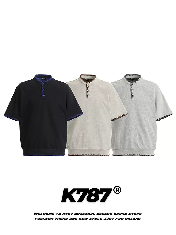 K787 Áo thun ngắn tay cổ đứng phong cách retro Mỹ cleanfit dành cho nam và nữ áo ngắn giản dị cleanfit