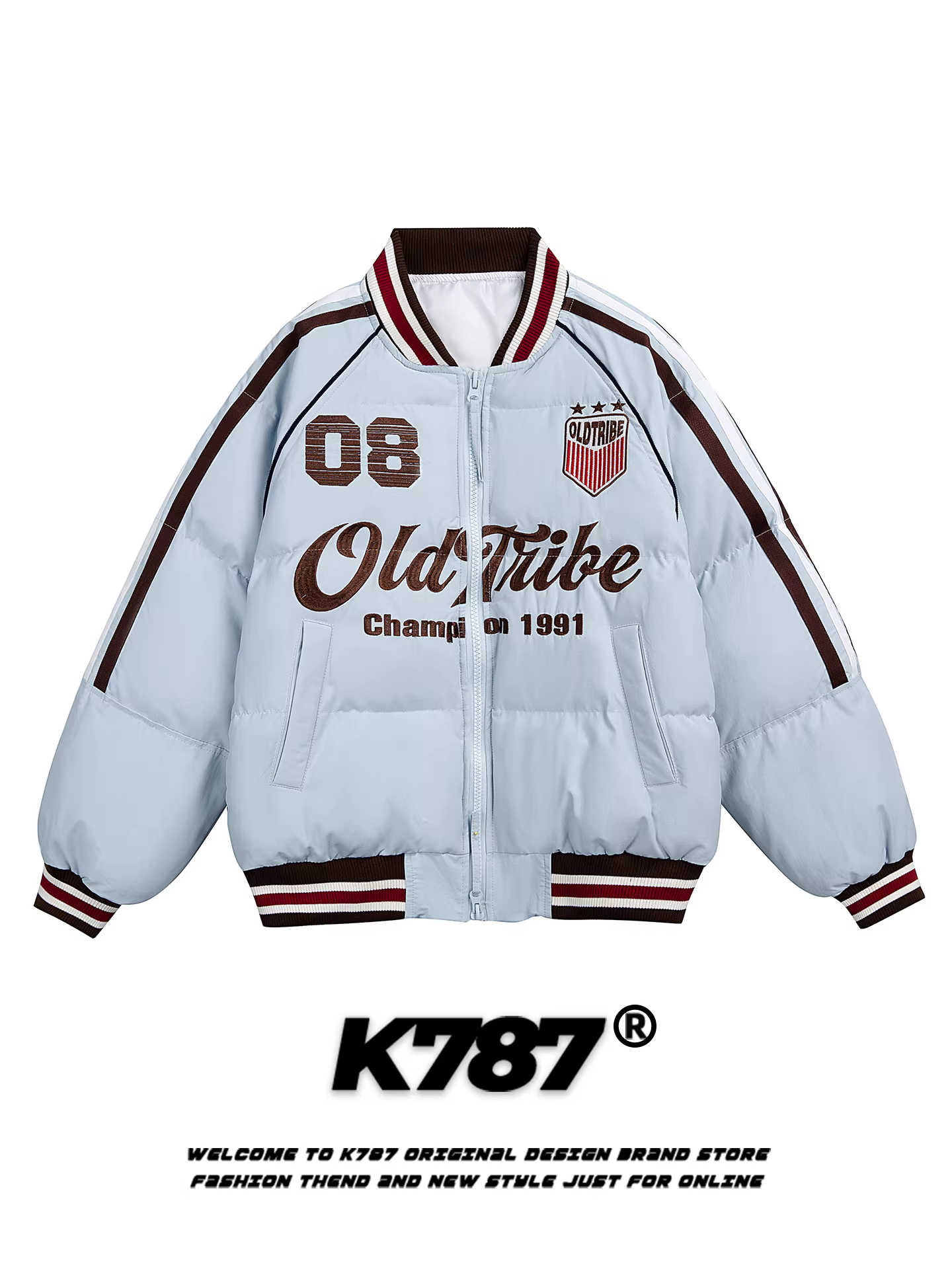 Áo khoác cotton cổ đứng thêu chữ cổ điển Mỹ K787 dành cho nam và nữ, xu hướng quốc gia, dáng rộng, dày dặn, áo khoác cotton mùa đông ấm áp.