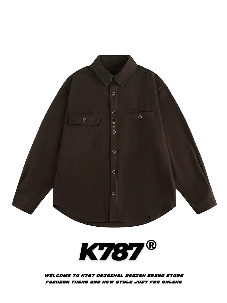 K787 Áo sơ mi công sở dài tay thêu đơn giản theo phong cách retro của Mỹ unisex cleanfit áo sơ mi dáng rộng giản dị áo khoác