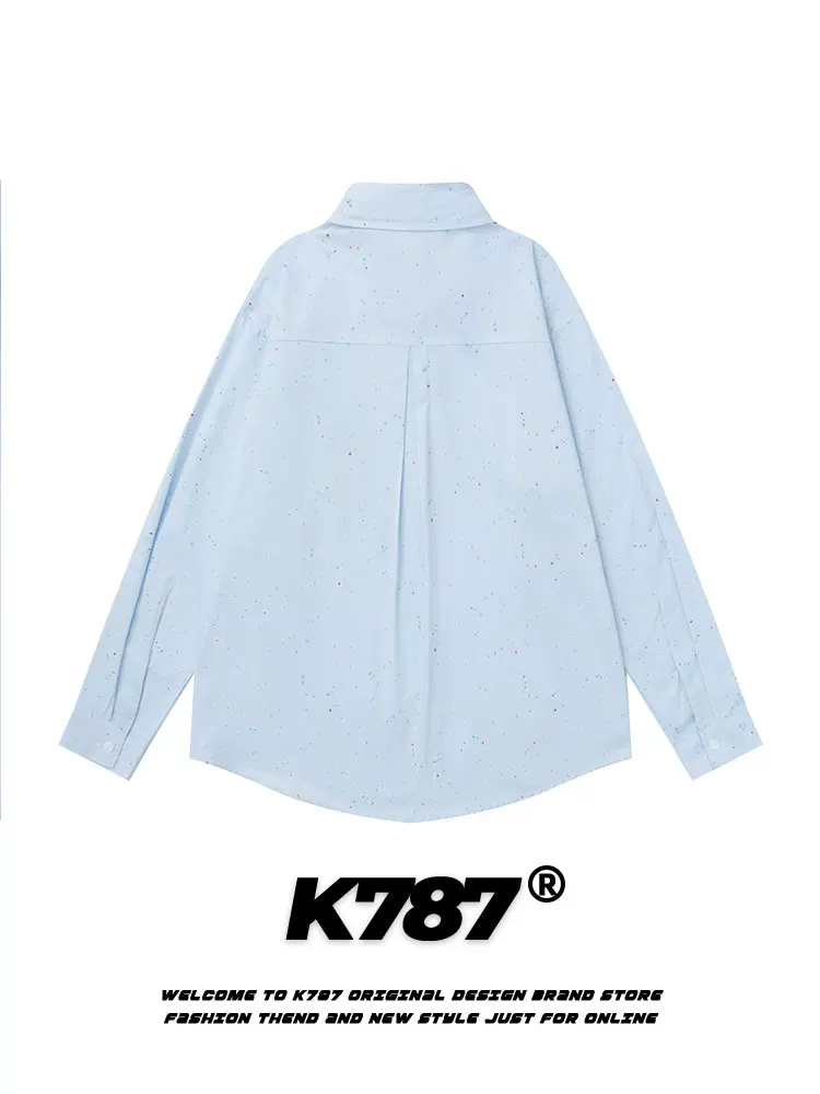 K787 Áo sơ mi dài tay thêu họa tiết chấm bi phong cách retro Mỹ unisex khăn choàng phong cách đại học áo khoác cặp đôi giản dị