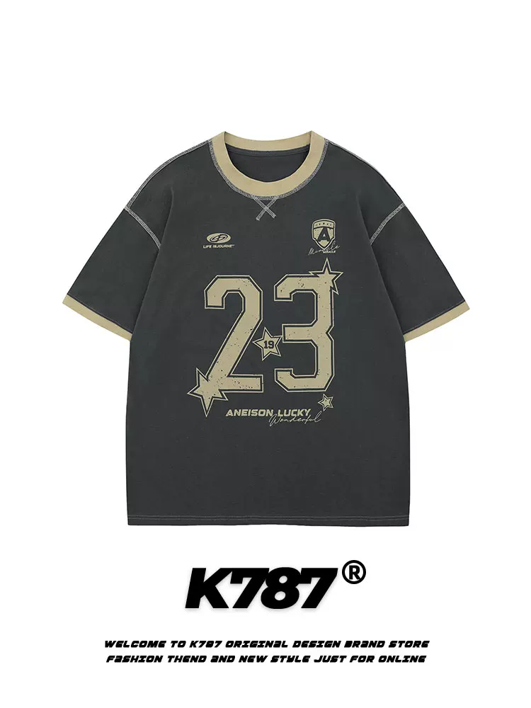 K787 Áo thun thể thao ngắn tay raglan cổ điển kiểu Mỹ dành cho nam và nữ, áo thun dáng rộng đa năng phong cách đại học dành cho cặp đôi
