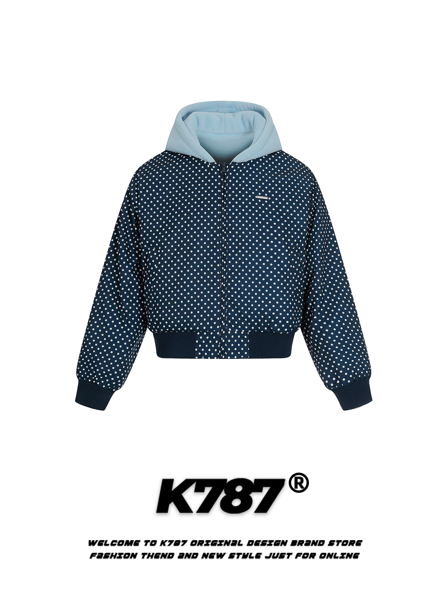 Áo khoác cotton có mũ trùm đầu, họa tiết chấm bi cổ điển kiểu Mỹ K787 dành cho nữ, lót lông cừu, ấm áp, dày dặn, áo khoác cotton ngắn có khóa kéo dành cho mùa đông.