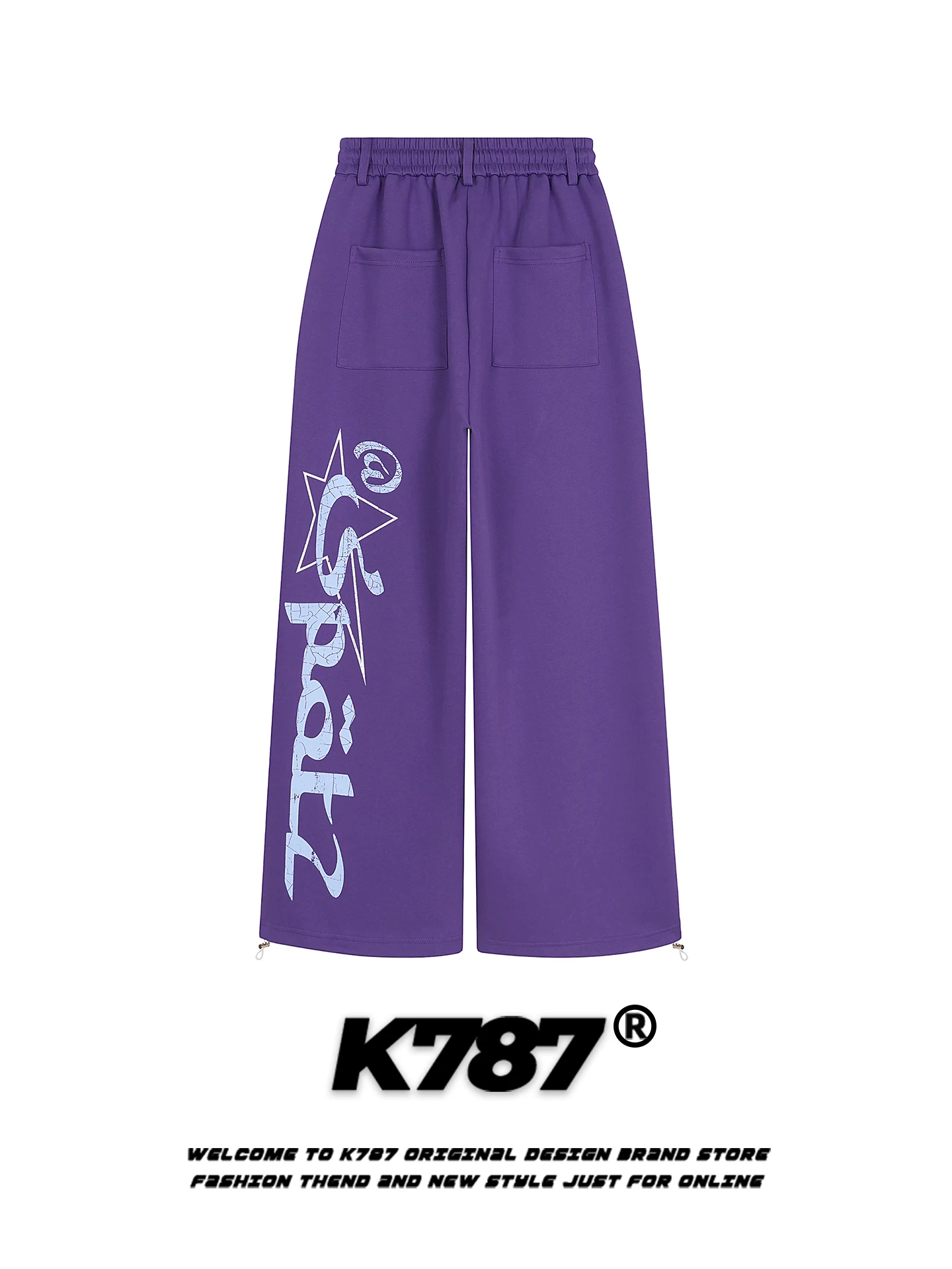 Quần jogger unisex chất liệu nỉ in chữ kiểu Mỹ cổ điển K787, dáng rộng, cạp chun, màu tím, ống thẳng