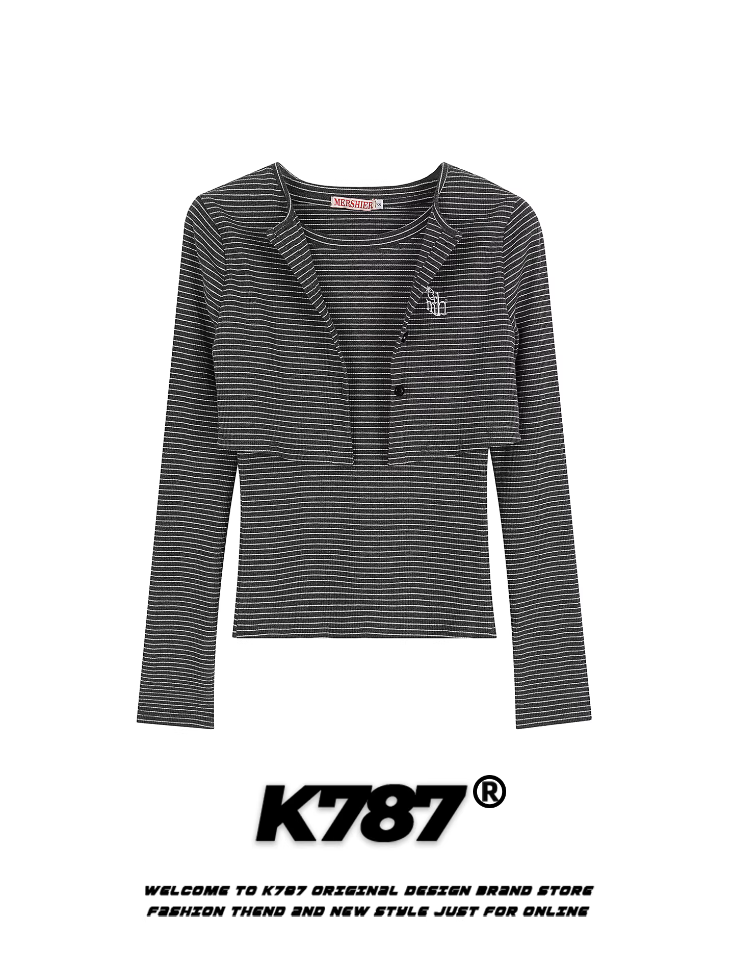 Áo thun dài tay sọc thêu chữ cổ điển Mỹ K787 dành cho nữ, ôm dáng, giả hai mảnh, phong cách lười biếng, áo ngắn.