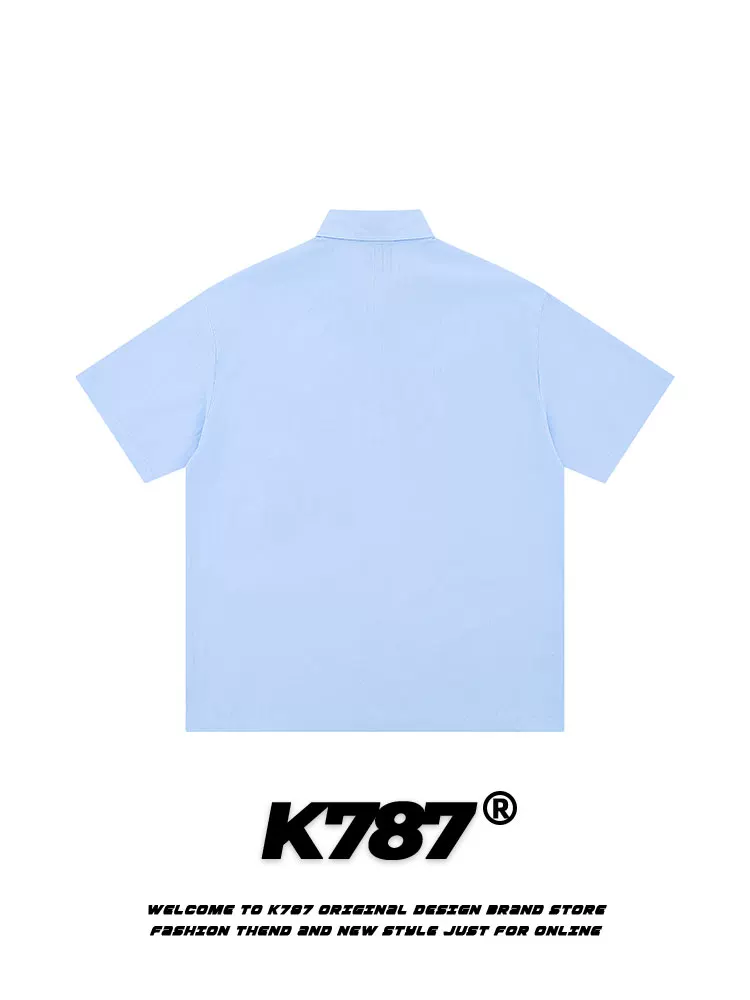 K787 Mỹ retro thêu chữ phong cách đại học áo sơ mi ngắn tay unisex cổ điển đa năng cardigan hàng đầu mùa hè