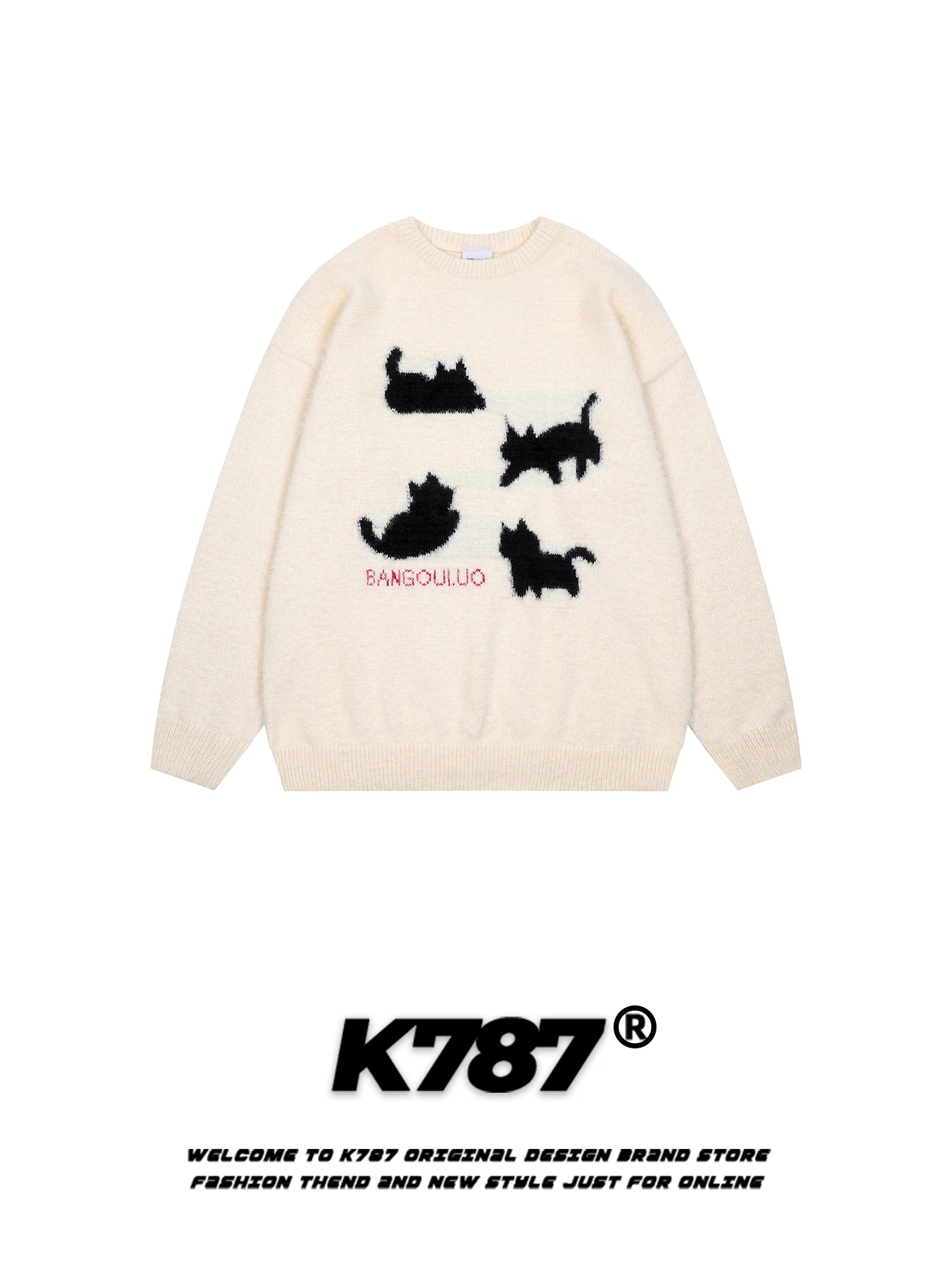 K787 Áo len dệt kim jacquard hình mèo vui nhộn kiểu Mỹ dành cho nam và nữ, mềm mại và rộng rãi, áo len cặp đôi phong cách đại học giản dị