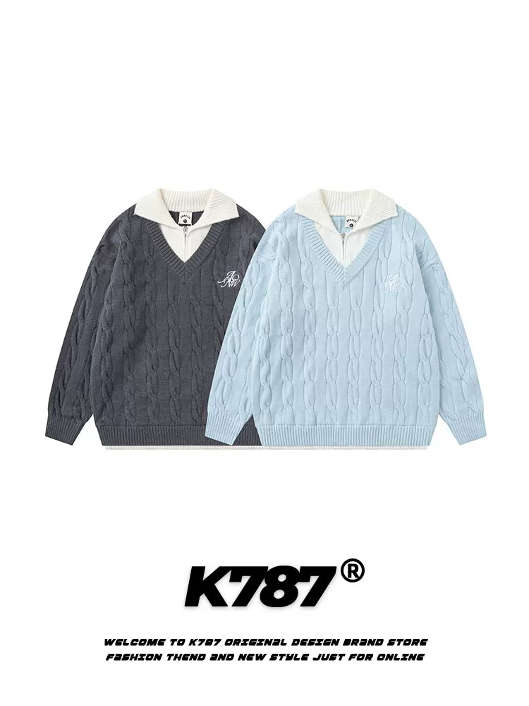 K787 Áo len dệt kim giả hai mảnh phong cách cổ điển Mỹ dành cho nam và nữ, kiểu dáng rộng rãi, đa năng, phong cách vintage, áo len cặp đôi.
