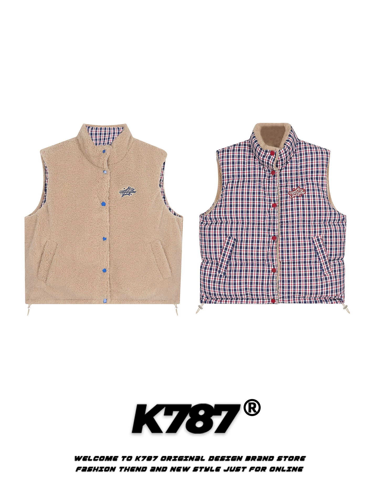 Áo vest hai mặt kiểu Mỹ K787, chất liệu nỉ kẻ caro thời trang dành cho nam và nữ, cổ đứng dày dặn, kiểu dáng rộng rãi nhiều lớp, thích hợp cho mùa đông.