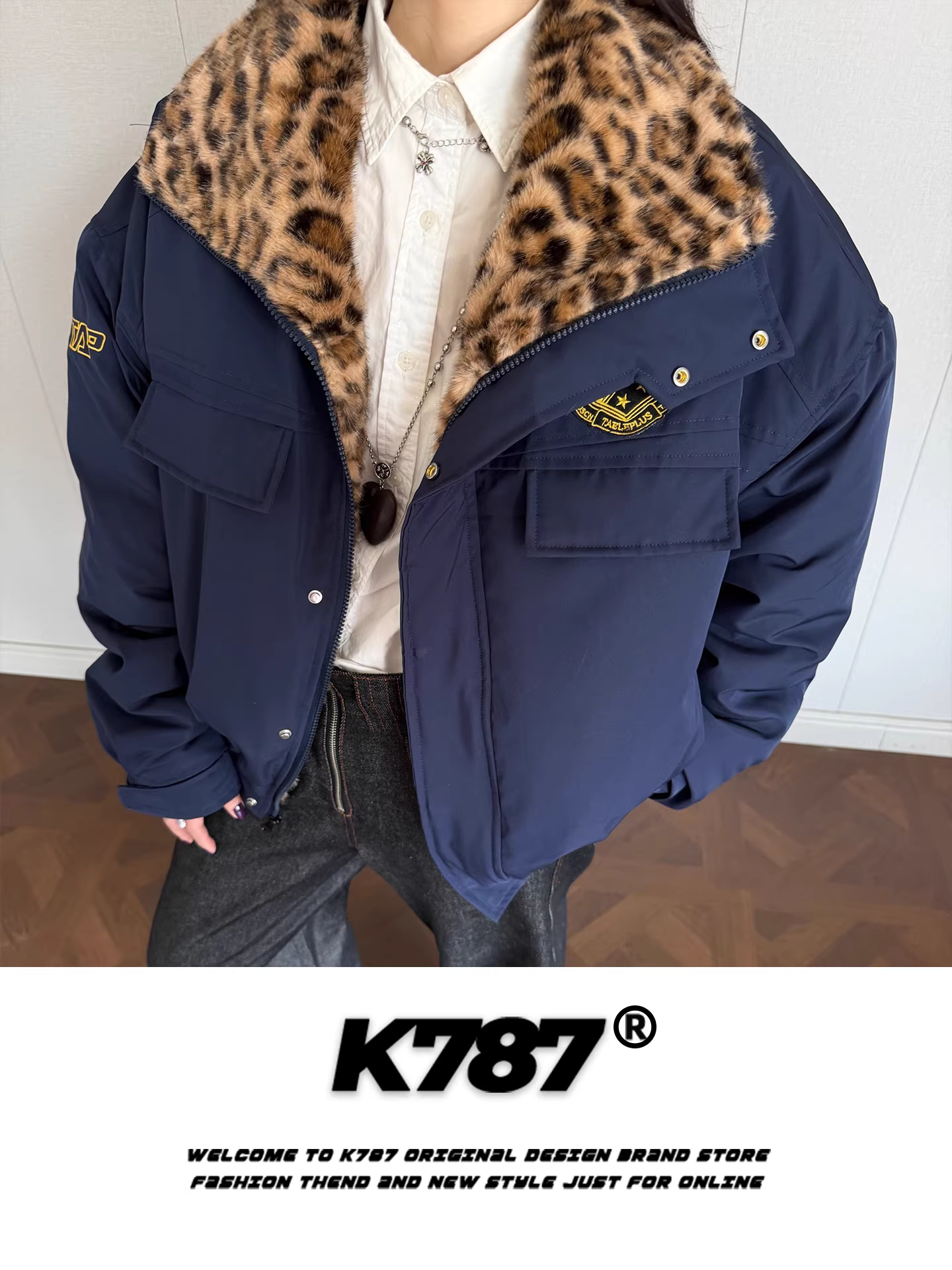 Áo khoác cotton kiểu dáng cổ điển Mỹ K787 in họa tiết da báo dành cho nam và nữ, áo khoác cotton dày dặn, ấm áp, có đệm.