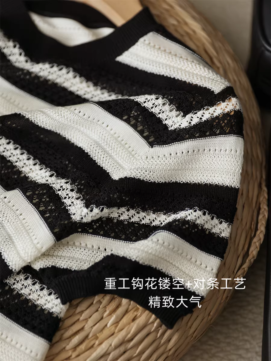 Áo len đan móc nặng 100% Lyocell có sọc đen trắng, cổ tròn, tay ngắn, áo dáng rộng cho nữ, hàng mới về mùa hè.