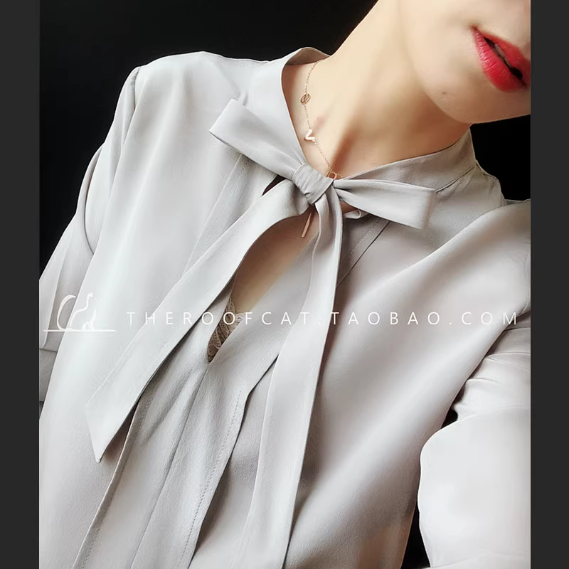 Áo sơ mi ruy băng lụa cho nữ có nơ, tay dài, cà vạt lụa dâu tằm, cỡ lớn, màu trắng