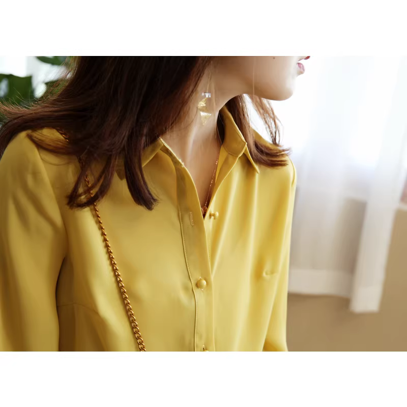 Áo sơ mi dài tay màu sâm panh nhẹ nhàng, bèo nhún, dành cho nữ, mùa thu, công sở, thanh lịch, chất liệu chiffon.