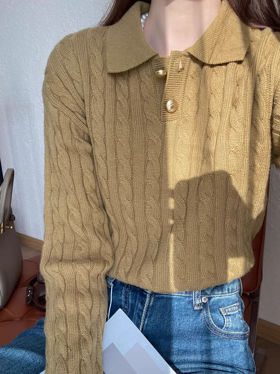 Áo len dệt kim kiểu cổ Polo, nút vàng nhỏ phong cách retro, chất liệu len dày 400g, giữ ấm, kiểu dáng lười dành cho nữ mùa thu đông
