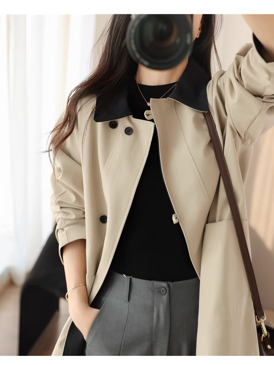 Phong cách trang trại! Áo khoác dài vừa phải, dáng rộng, phối màu thời trang kiểu Nhật, có cổ lật dành cho nữ, mẫu mới đầu xuân.