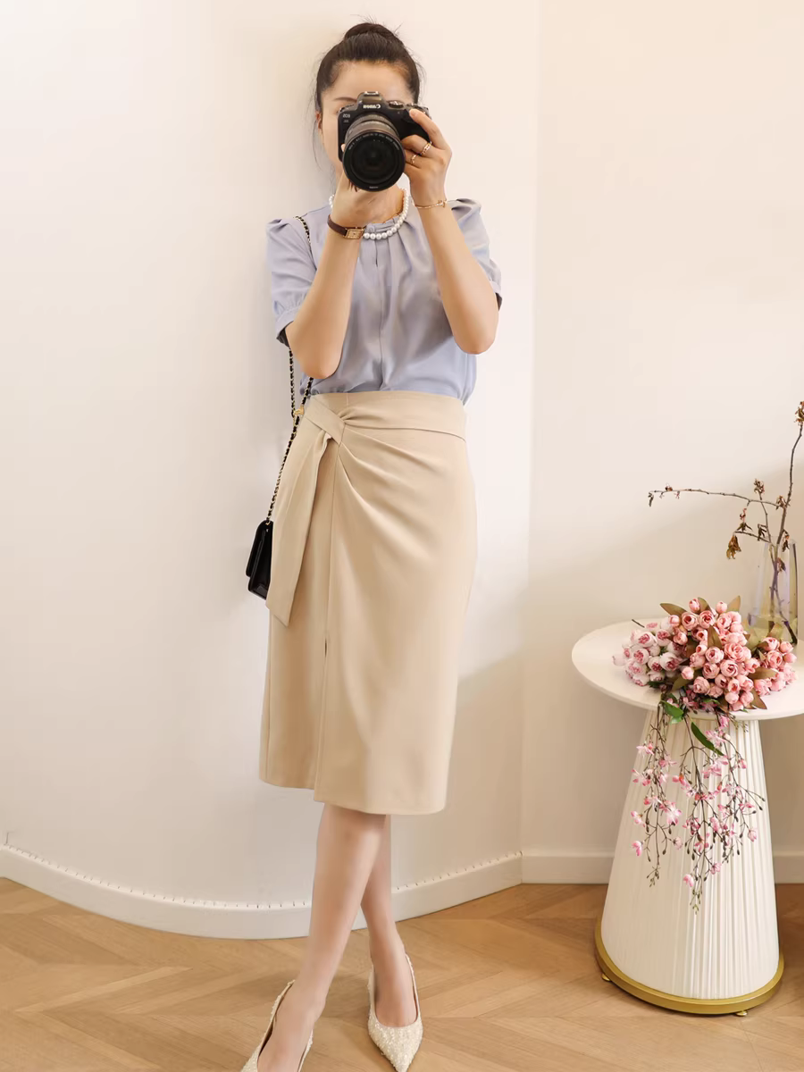 Thiết kế bất đối xứng, tôn dáng và che bụng! Váy công sở đi làm, chất liệu trơn màu, xẻ tà, lưng cao, dáng chữ A.