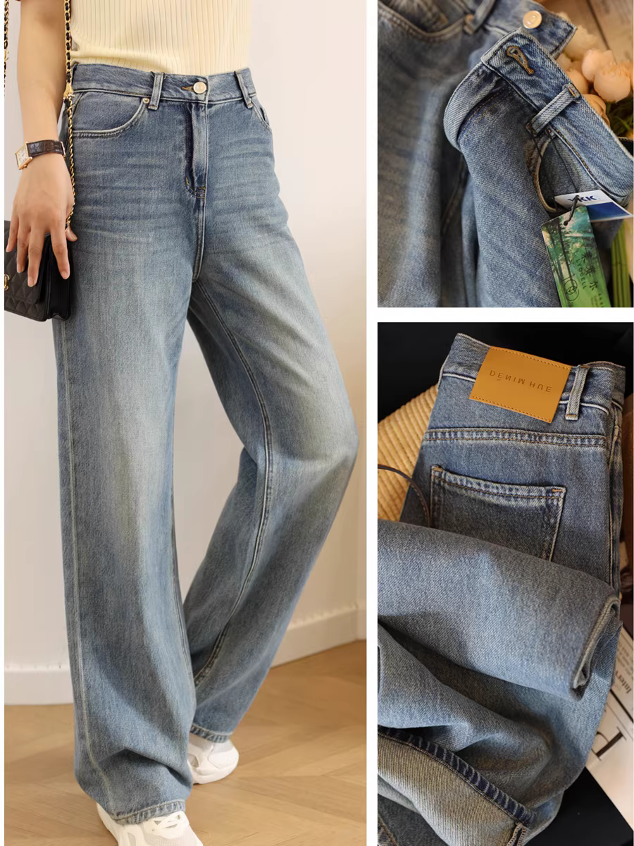 Quần jean hình bông tuyết mang cảm giác mát lạnh nhưng mềm mại và bền bỉ! Quần jean ống rộng cạp cao thon gọn Lyocell Tencel dành cho nữ trong mùa hè.