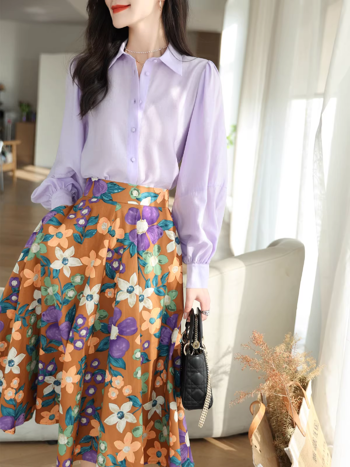 Áo sơ mi dài tay có cổ, tay phồng, chất liệu acetate nhẹ và thoáng mát, kiểu dáng mơ mộng và năng động dành cho nữ, áo màu trơn, mới cho mùa xuân.