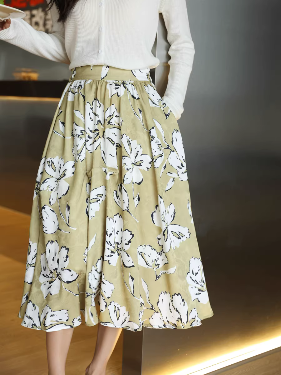 Váy chữ A che hông kiểu Pháp thanh lịch in họa tiết hoa anh túc lãng mạn dành cho nữ đầu thu phong cách mới