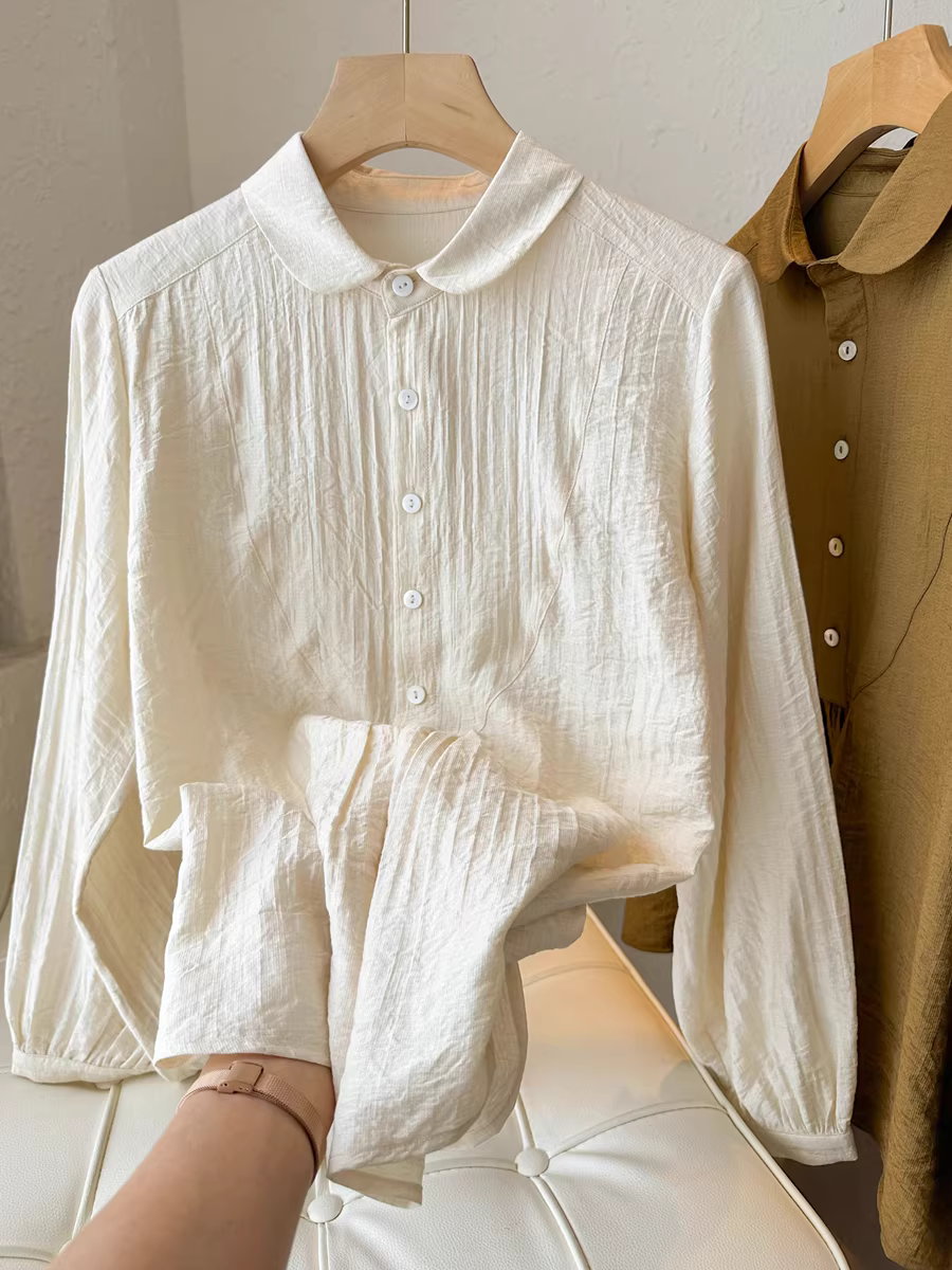 Cô gái Peter Pan! Cổ áo búp bê giảm tuổi tác, hiệu ứng nhăn tự nhiên, dáng rộng, áo thun thon gọn, áo dài tay nữ mùa thu mới về.