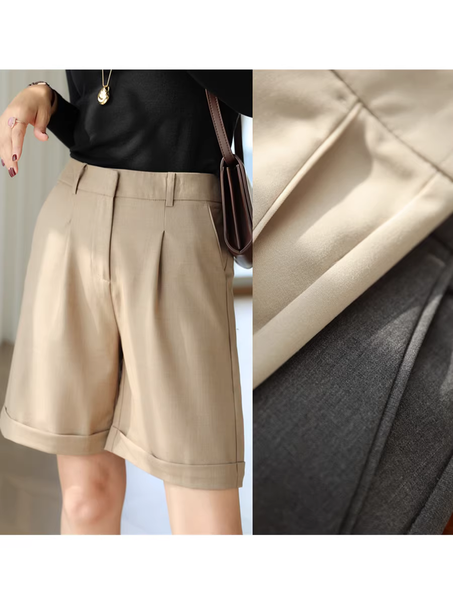 Giảm giá, ưu đãi lớn! Quần short đi làm cạp cao chữ A che hông, tăng chiều cao, chống nhăn, mỏng, dài vừa phải dành cho nữ, mùa hè.