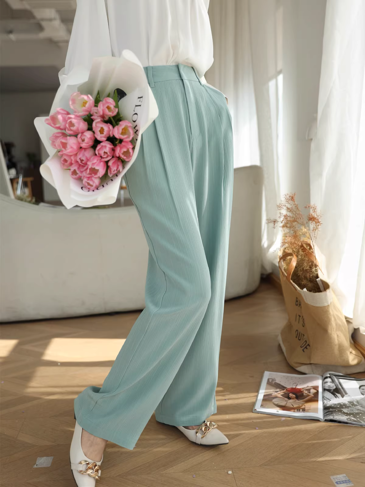 Thẩm mỹ của Miyake Pleats: Chất liệu triacetate thật, siêu thoải mái! Quần ống rộng dáng thẳng, cạp trung cao, tôn dáng, dành cho nữ mùa hè.