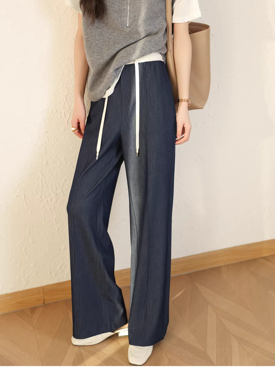 Quần ống rộng dáng suông, chất liệu không nhăn, cạp cao, co giãn, phối màu thời thượng, giúp tôn dáng, mới cho mùa xuân dành cho nữ