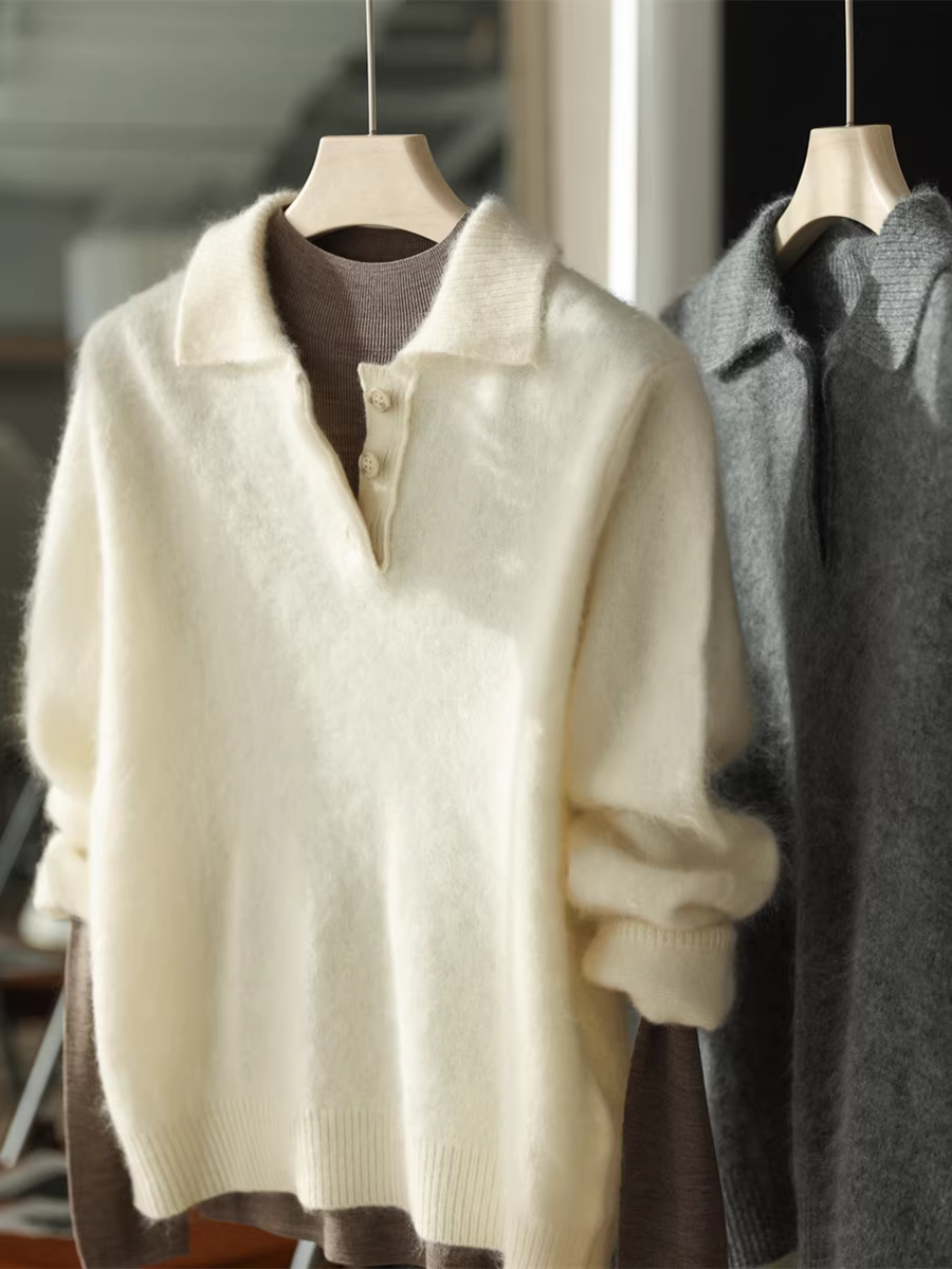 Màu hồng đỏ siêu đẹp! Tuyệt vời để làm sáng tông màu da! Áo len dày dặn cổ polo chất liệu len cừu 100% chải kỹ, dáng rộng dành cho nữ, mùa thu đông.